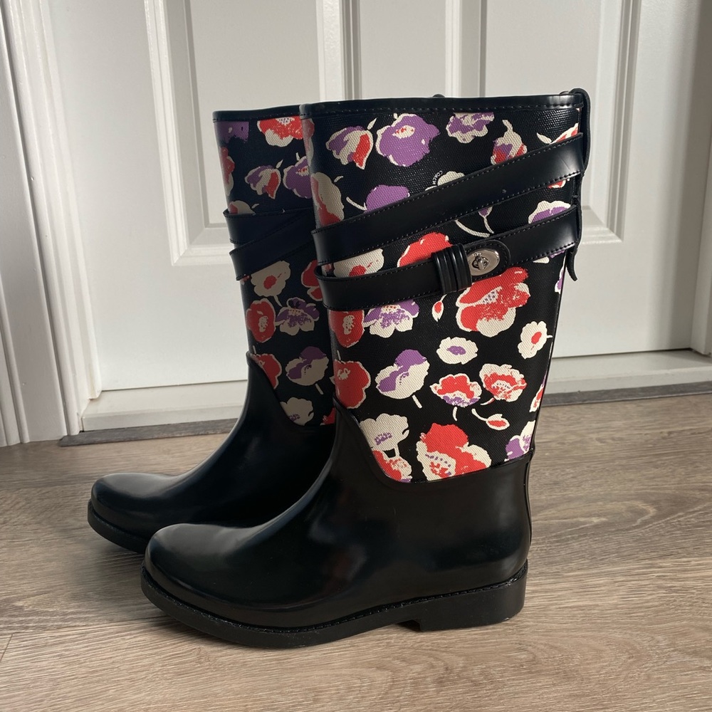 Coach Black Multi New Trisha 11 Rubber Floral Coated Canvas Boots - Size 8